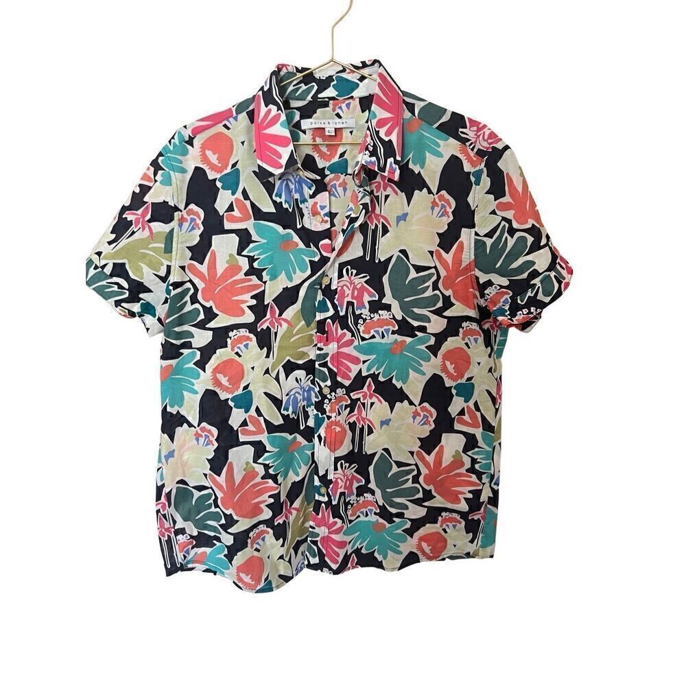 Parke & ronen bold floral print short sleeve shirt sz L